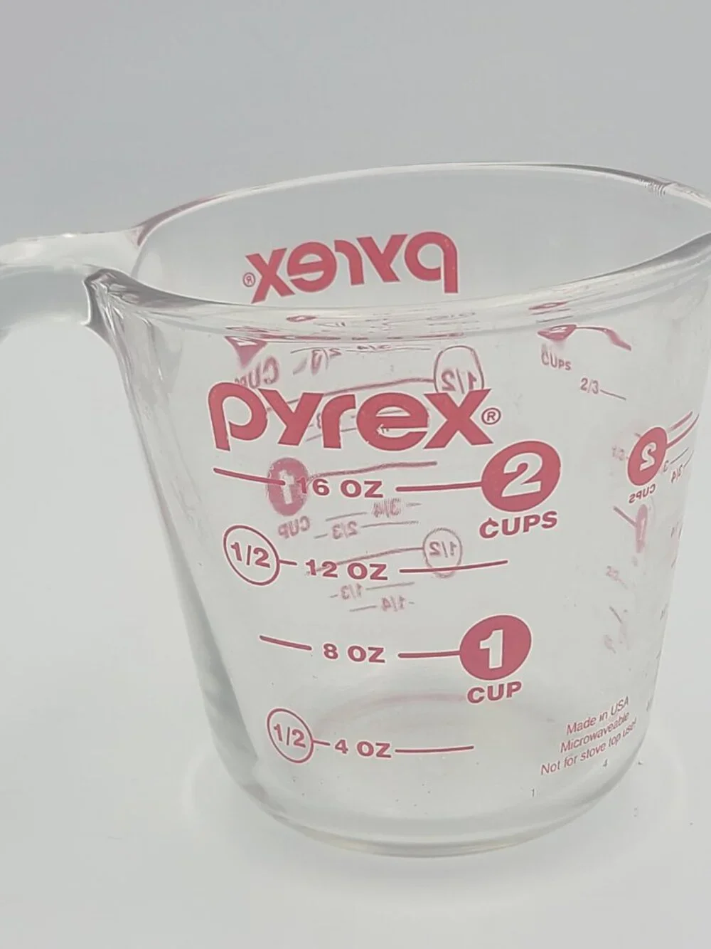Vtg Pyrex 2 Cup Glass Measuring Cup Red Circle Numbers 16 oz USA J Hook Handle